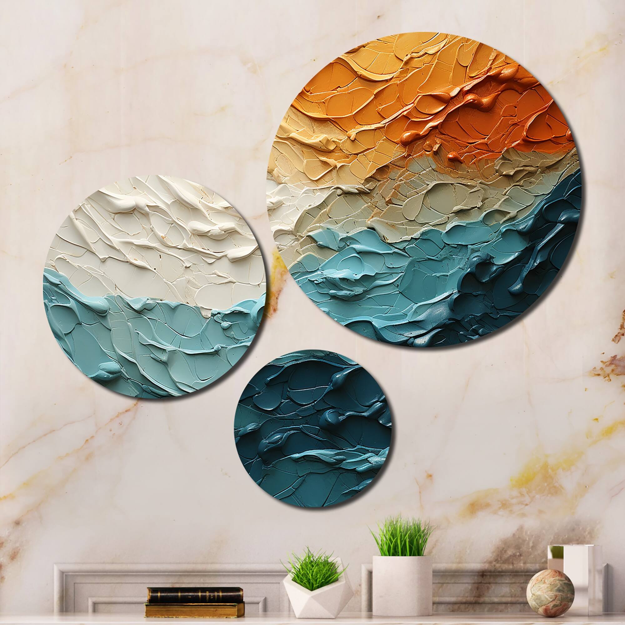 Designart "Teal Orange Ocean Coastal Essence Collage" Modern Metal Wall